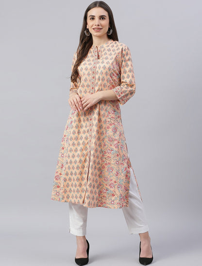 Peach Ethnic Motifs Printed Mandarin Collar Kurta