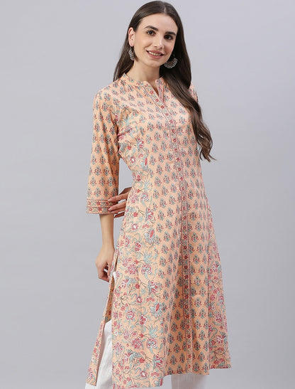 Peach Ethnic Motifs Printed Mandarin Collar Kurta