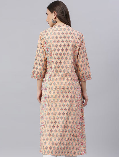 Peach Ethnic Motifs Printed Mandarin Collar Kurta