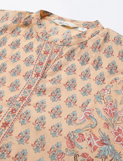 Peach Ethnic Motifs Printed Mandarin Collar Kurta