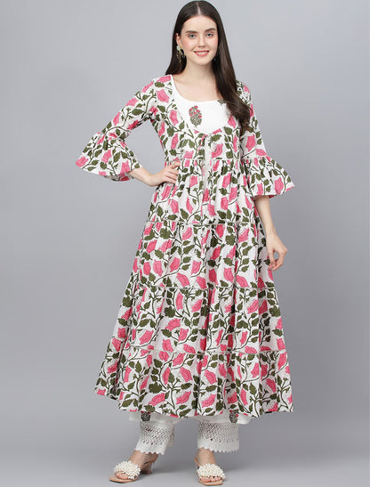 Ethnic Floral Printed Bell Sleeves Floral Anarkali Cotton Kurta