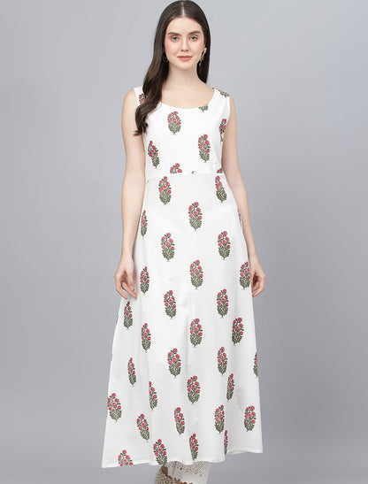 Ethnic Floral Printed Bell Sleeves Floral Anarkali Cotton Kurta