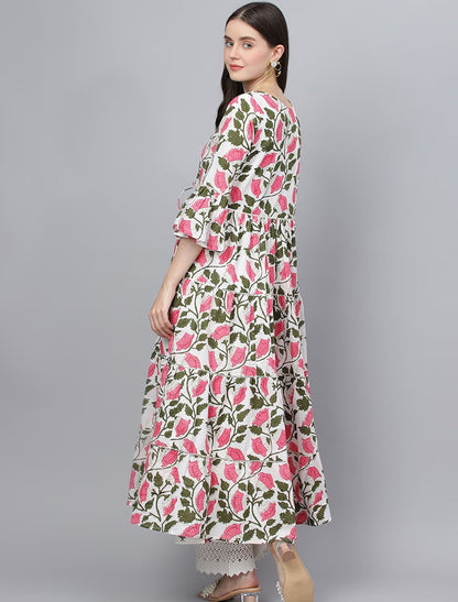 Ethnic Floral Printed Bell Sleeves Floral Anarkali Cotton Kurta