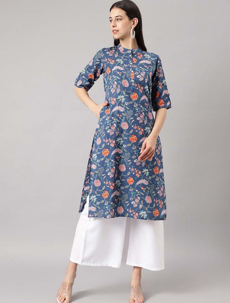 Blue Women Floral Printed Thread Work A-line Shape Pure Cotton Kurta