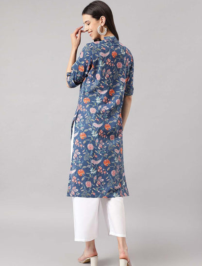 Blue Women Floral Printed Thread Work A-line Shape Pure Cotton Kurta