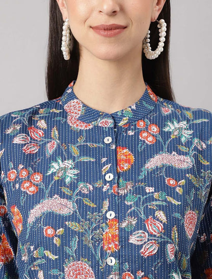 Blue Women Floral Printed Thread Work A-line Shape Pure Cotton Kurta