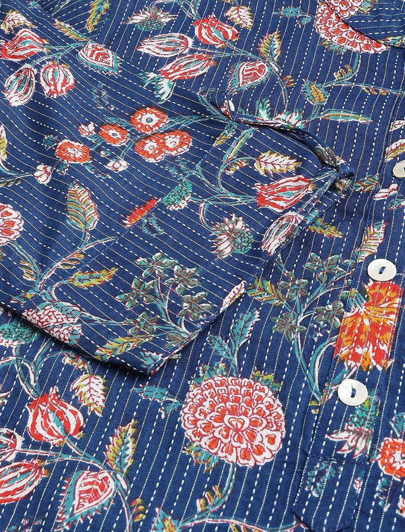 Blue Women Floral Printed Thread Work A-line Shape Pure Cotton Kurta