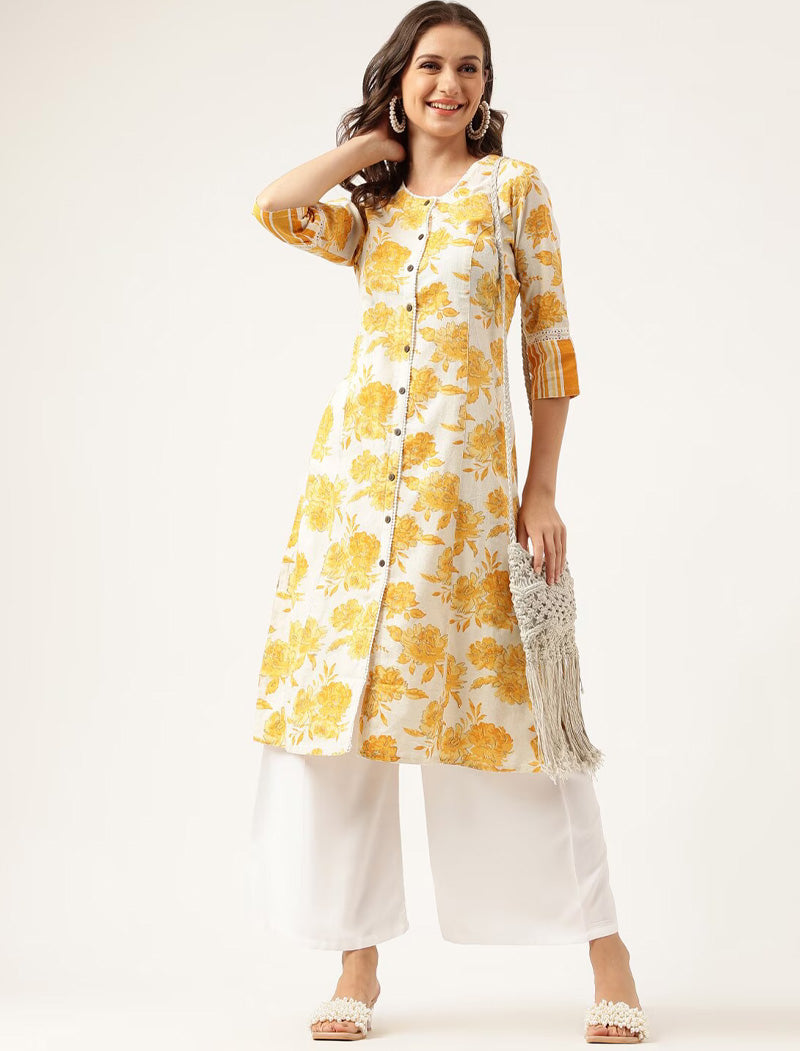 Yellow Women Beads And Stones Detail Floral Printed Cotton A-Line Kurta