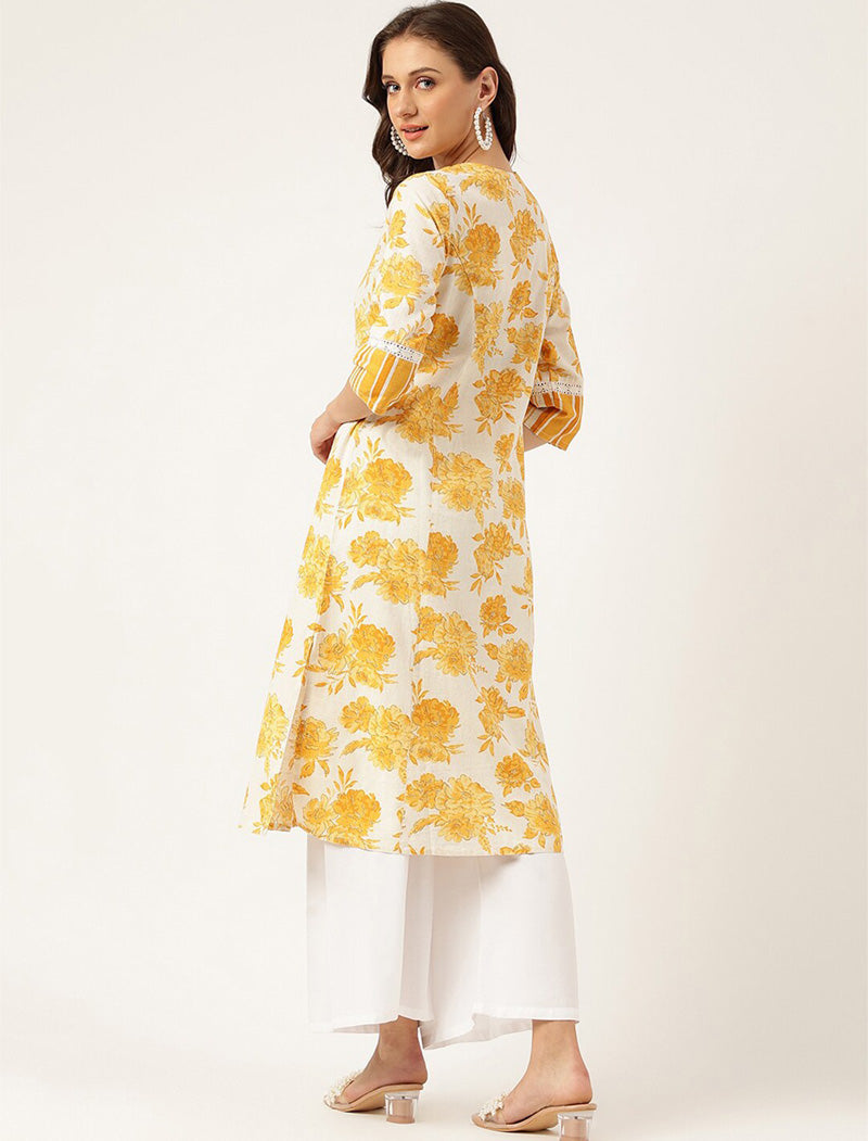 Yellow Women Beads And Stones Detail Floral Printed Cotton A-Line Kurta