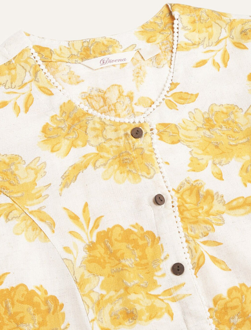 Yellow Women Beads And Stones Detail Floral Printed Cotton A-Line Kurta