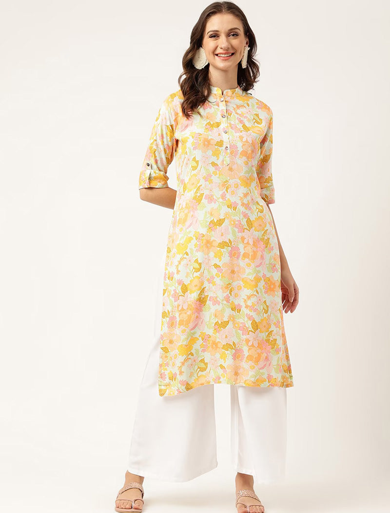 White & Yellow Women Floral Printed Mandarin Collar Kurta