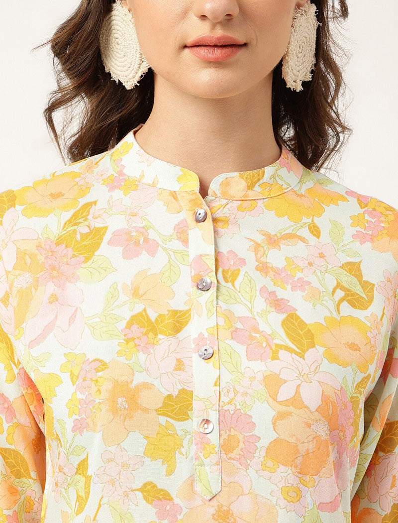 White & Yellow Women Floral Printed Mandarin Collar Kurta