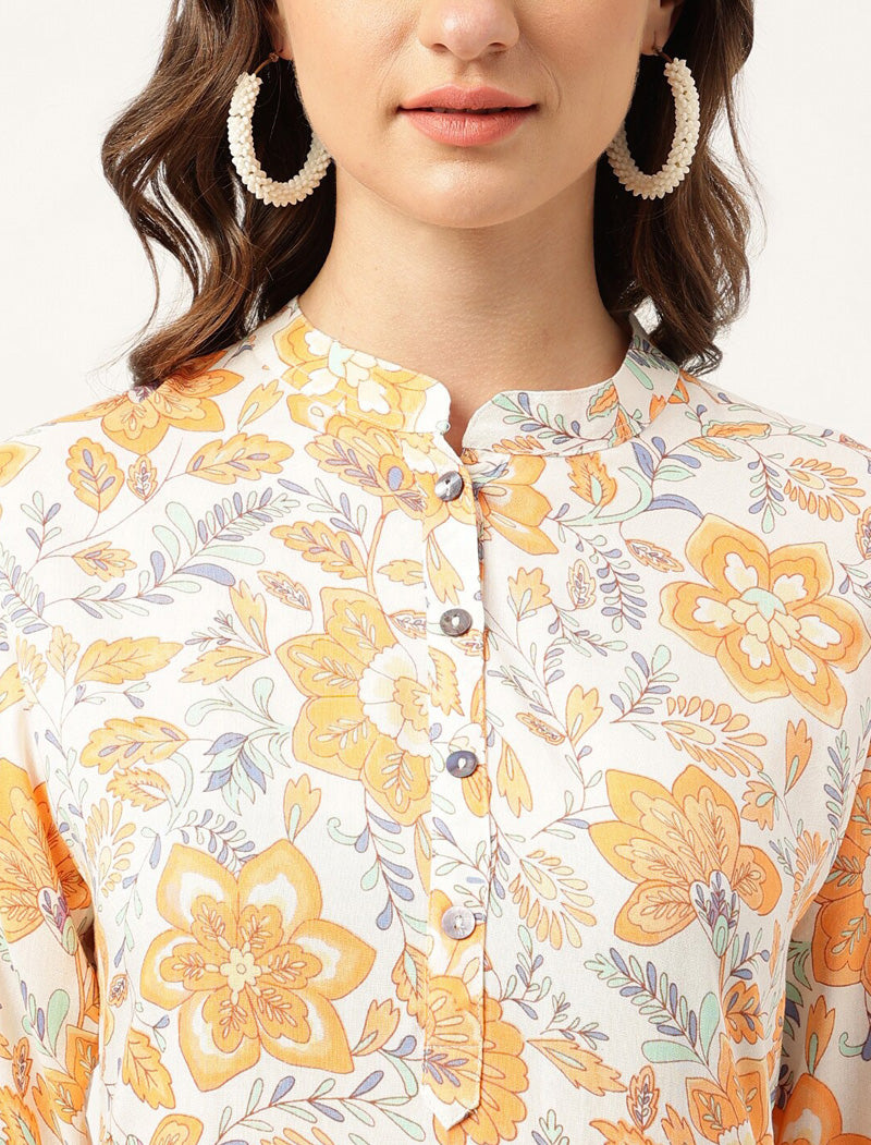Multi-color Women Mandarin Collar Floral Printed A-Line Roll-Up Sleeves Kurta