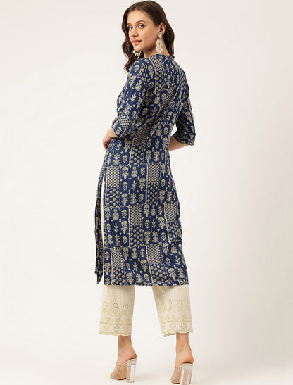 Navy Blue Ethnic Motifs Printed Mandarin Collar Straight Shape Kurta