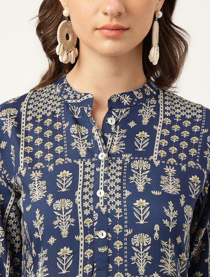 Navy Blue Ethnic Motifs Printed Mandarin Collar Straight Shape Kurta