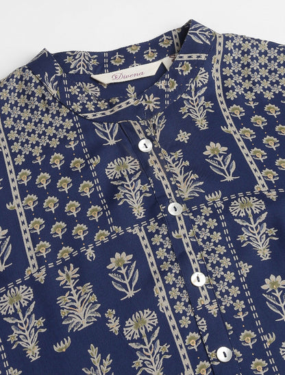 Navy Blue Ethnic Motifs Printed Mandarin Collar Straight Shape Kurta
