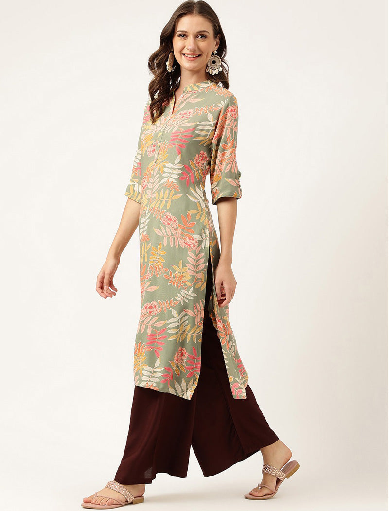 Green Women Floral Printed A-line Shape roll-up Sleeves Kurta