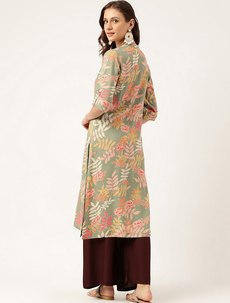 Green Women Floral Printed A-line Shape roll-up Sleeves Kurta