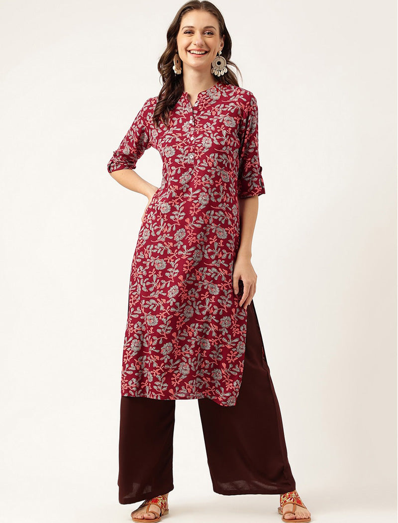 Maroon Women Printed Mandarin Collar Roll-Up Sleeves Kurta