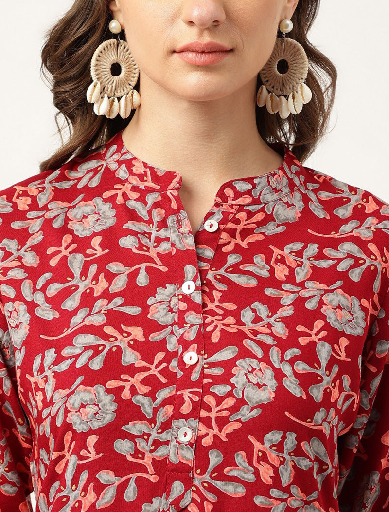 Maroon Women Printed Mandarin Collar Roll-Up Sleeves Kurta