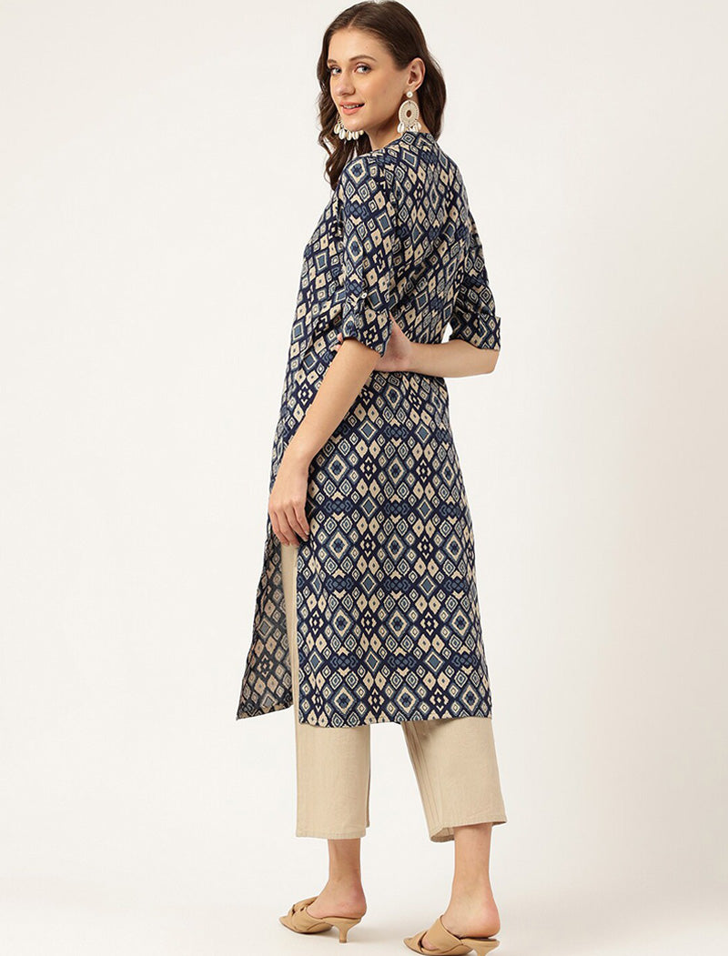 Navy Blue Ethnic Motifs Printed Mandarin Collar Short Regular Sleeves Kurta