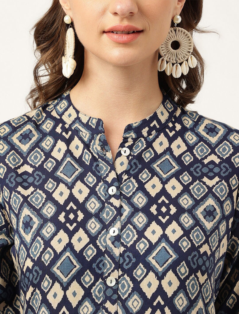 Navy Blue Ethnic Motifs Printed Mandarin Collar Short Regular Sleeves Kurta