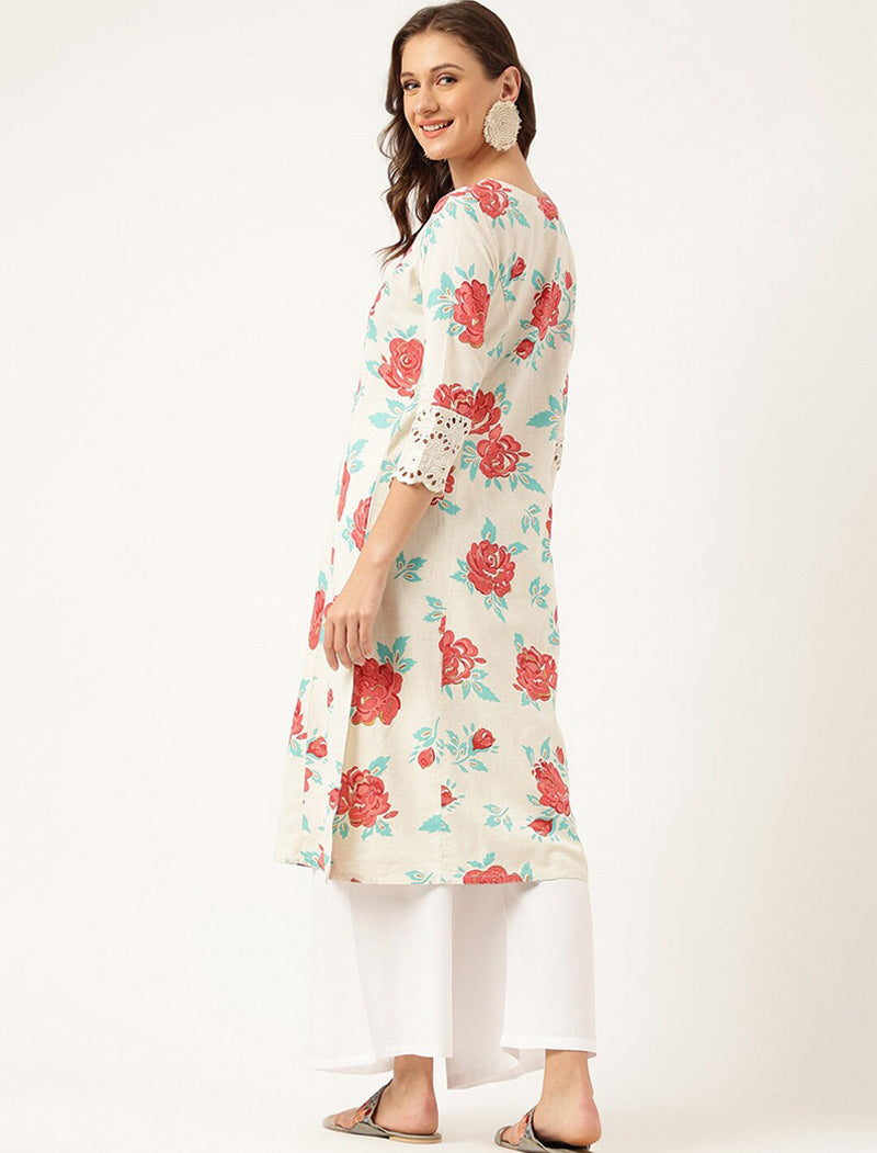 Off White Women Floral Printed Lace Detail A-Line Cotton Regular Sleeves Kurta