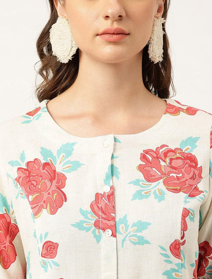 Off White Women Floral Printed Lace Detail A-Line Cotton Regular Sleeves Kurta
