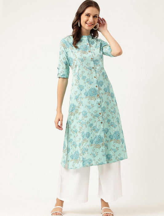 Sea Green Women Floral Printed Roll-Up Sleeves A-Line Cotton Kurta