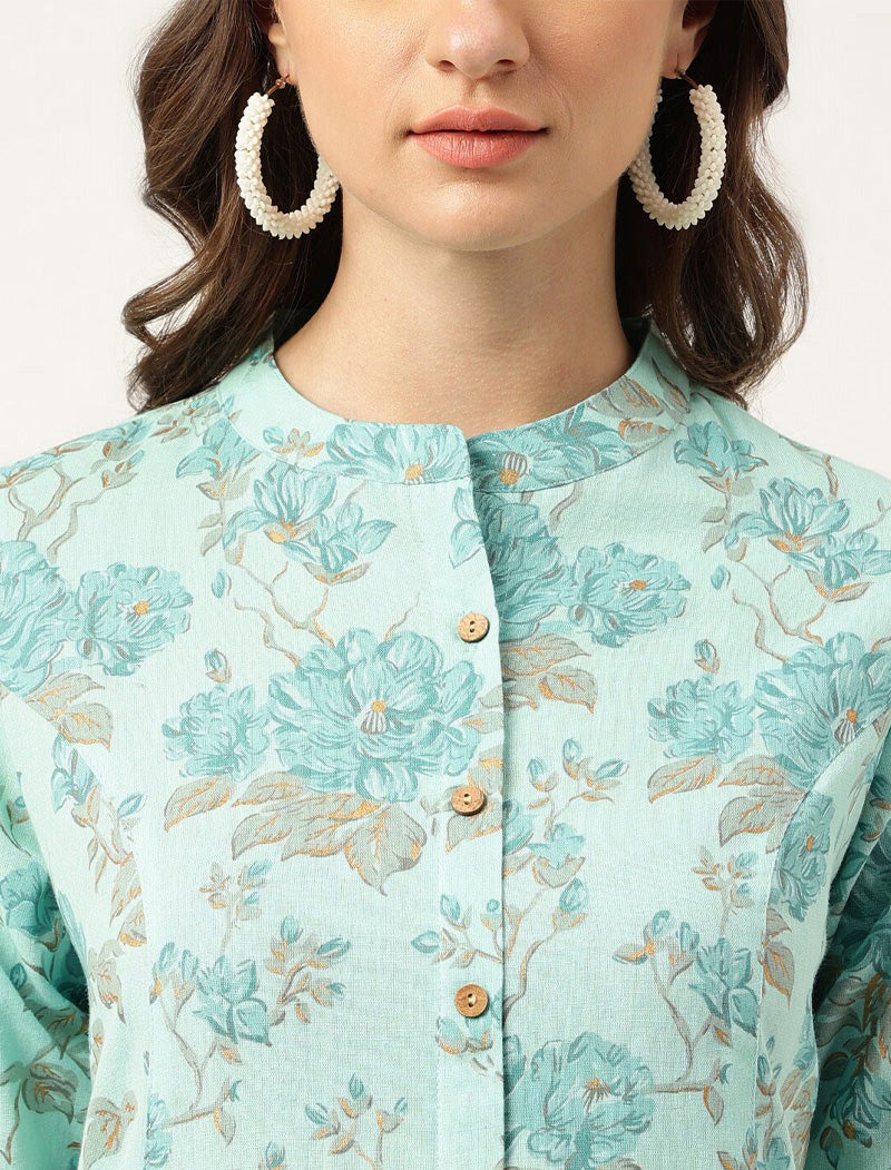 Sea Green Women Floral Printed Roll-Up Sleeves A-Line Cotton Kurta