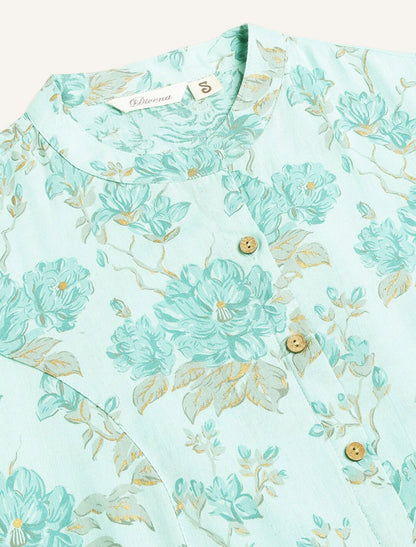 Sea Green Women Floral Printed Roll-Up Sleeves A-Line Cotton Kurta