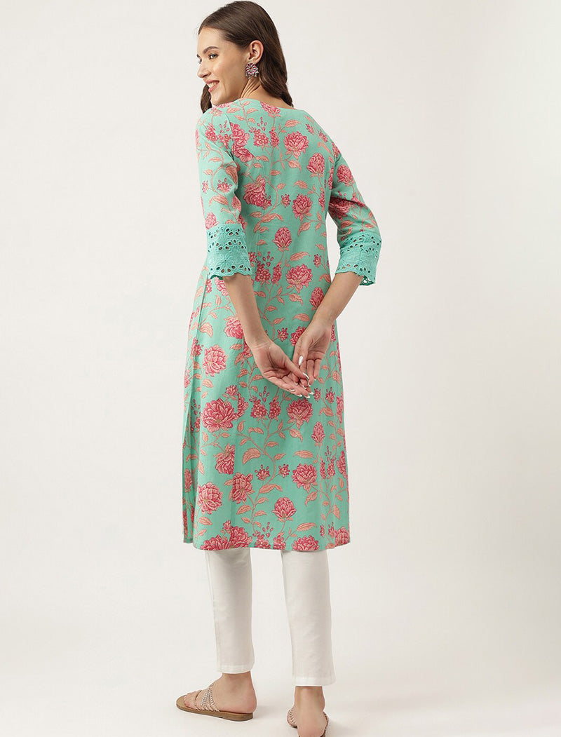 Green Women Floral Printed Panelled Cotton Round Neck Kurta