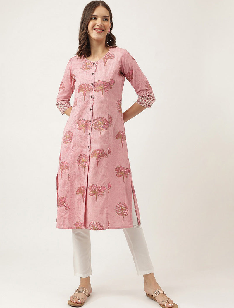 Pink Women Floral Printed Panelled A-line Shape Cotton Kurta