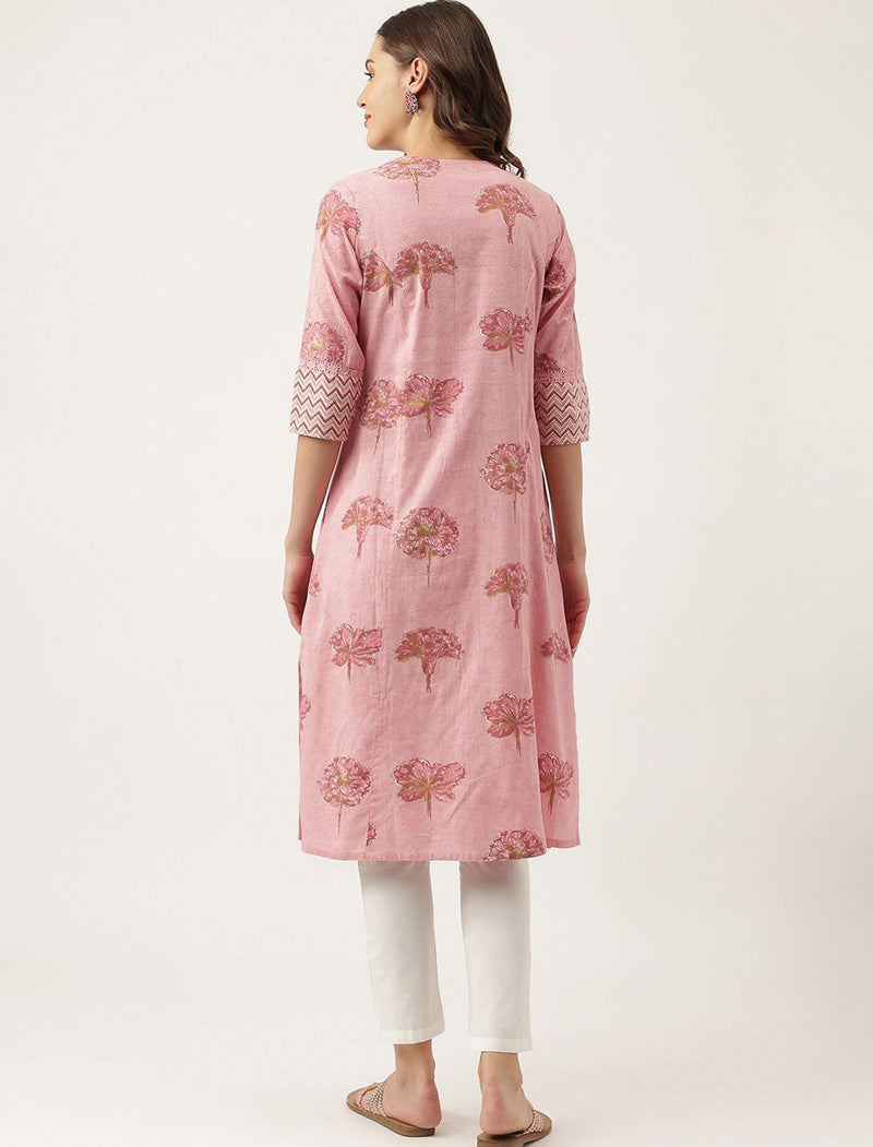 Pink Women Floral Printed Panelled A-line Shape Cotton Kurta