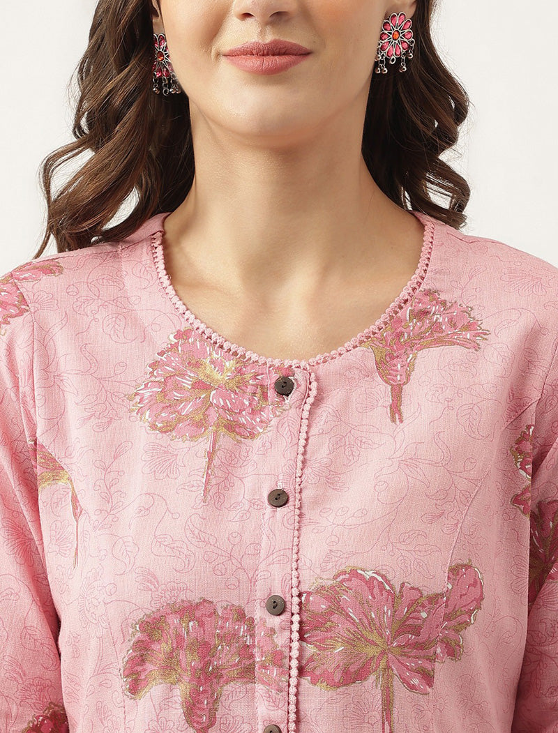 Pink Women Floral Printed Panelled A-line Shape Cotton Kurta