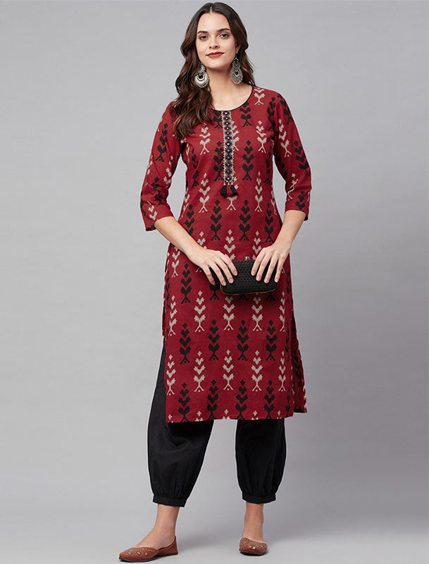 Maroon Cotton Kurta With Pants Ethnic Kurtas Set For Women