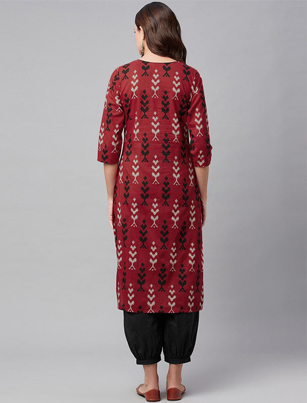 Maroon Cotton Kurta With Pants Ethnic Kurtas Set For Women