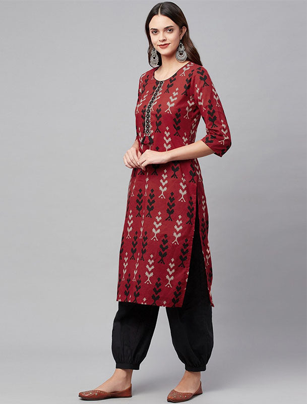 Maroon Cotton Kurta With Pants Ethnic Kurtas Set For Women