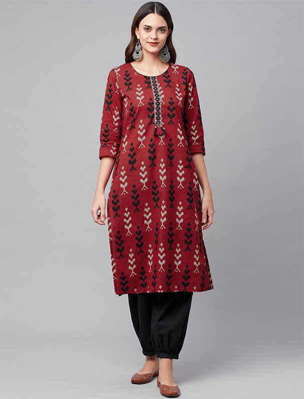 Maroon Cotton Kurta With Pants Ethnic Kurtas Set For Women