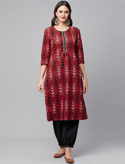 Maroon Cotton Ethnic Kurta Set For Women