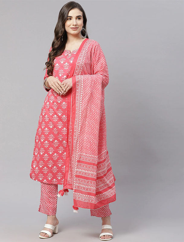 Peach Coloured Printed Cotton Kurta with Trousers & Dupatta For Women