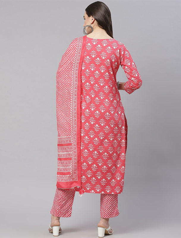 Peach Coloured Printed Cotton Kurta with Trousers & Dupatta For Women