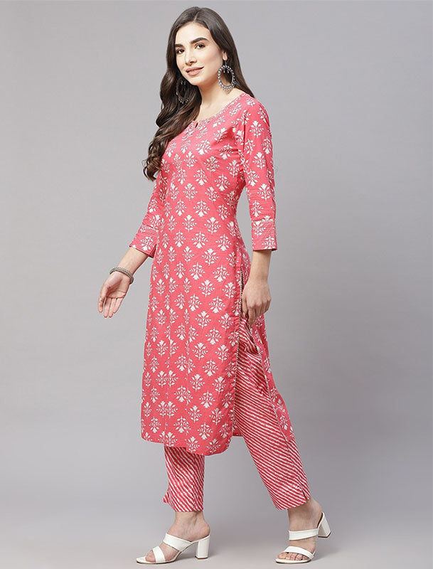 Peach Coloured Printed Cotton Kurta with Trousers & Dupatta For Women