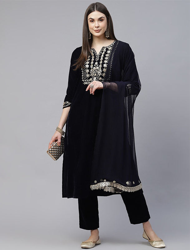 Navy Blue Velvet Kurta Set For Women with Trousers & Dupatta Yoke Design