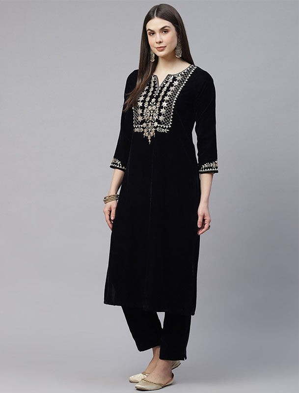 Navy Blue Velvet Kurta Set For Women with Trousers & Dupatta Yoke Design