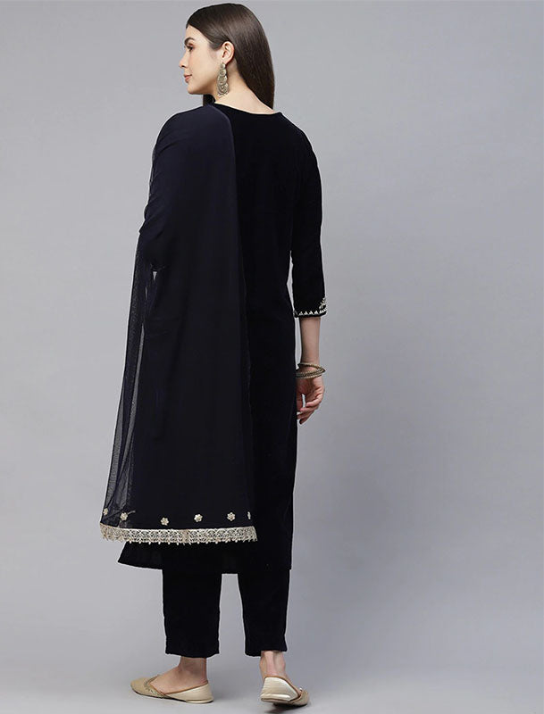 Navy Blue Velvet Kurta Set For Women with Trousers & Dupatta Yoke Design