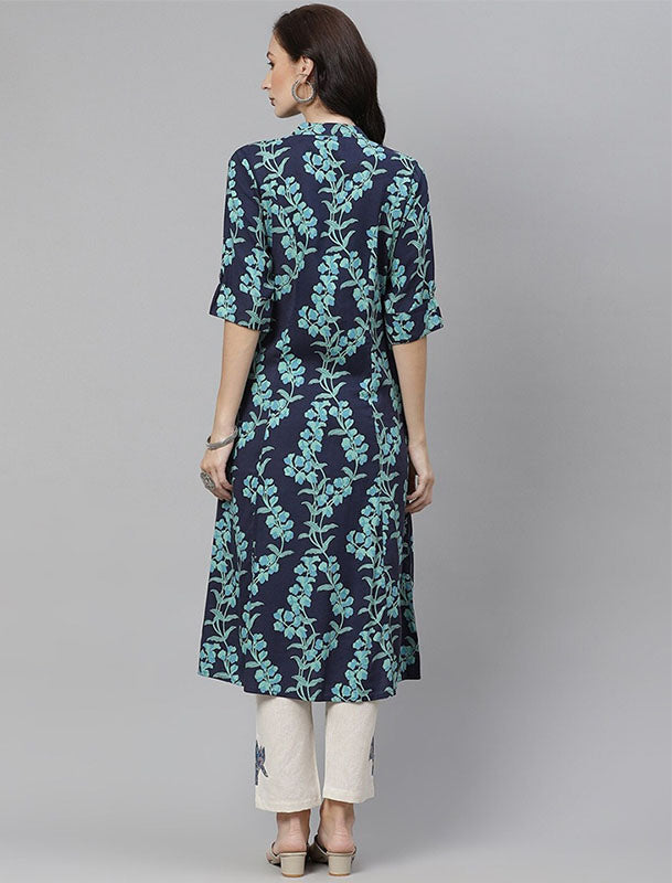 Navy Blue & Sea Green Printed Divena Kurta For Women