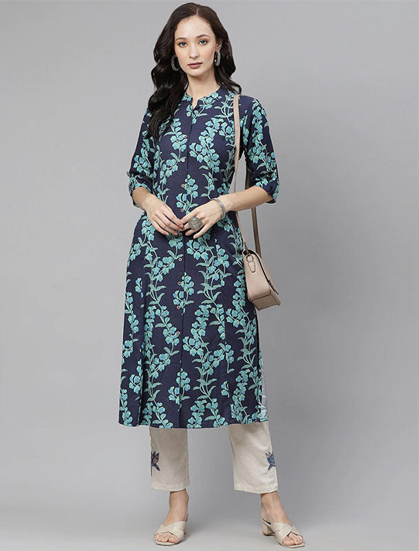 Navy Blue & Sea Green Printed Divena Kurta For Women