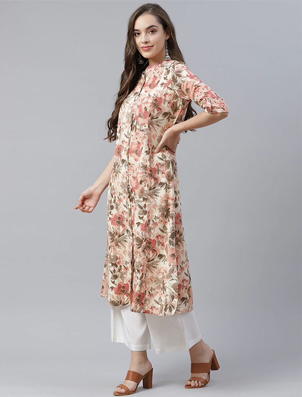 Cream & Peach Coloured Pure Cotton A Line Divena Kurta For Women