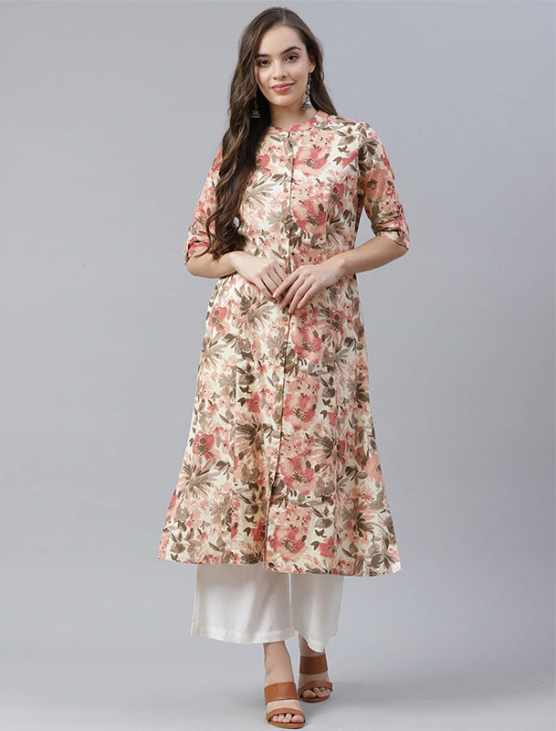 Cream & Peach Coloured Pure Cotton A Line Divena Kurta For Women